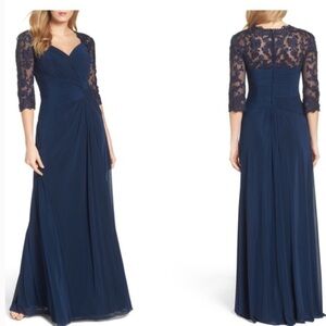 NEW NWT La Femme Ruched Twisted Lace Sleeve Column Gown Navy Size 10